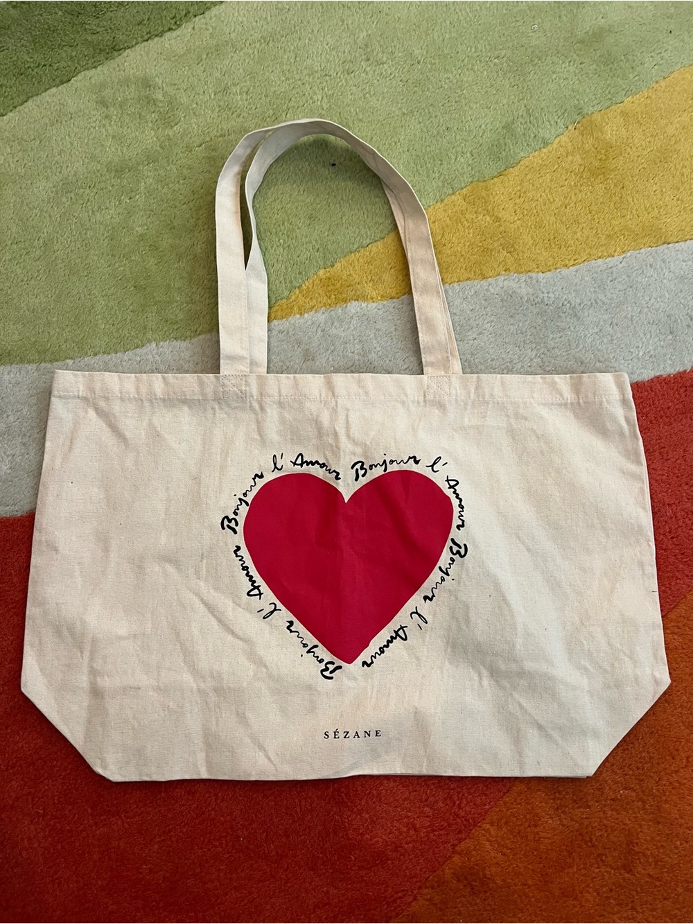Sézane Bonjour L'Amour Heart Canvas Reusable Shopping Tote Bag NWOT